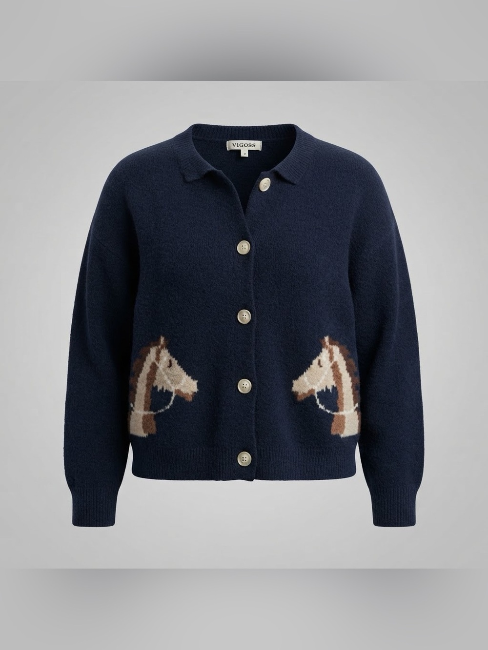 Vigoss Horse Intarsia Knit Cardigan Sweater Navy Blue Size Large L